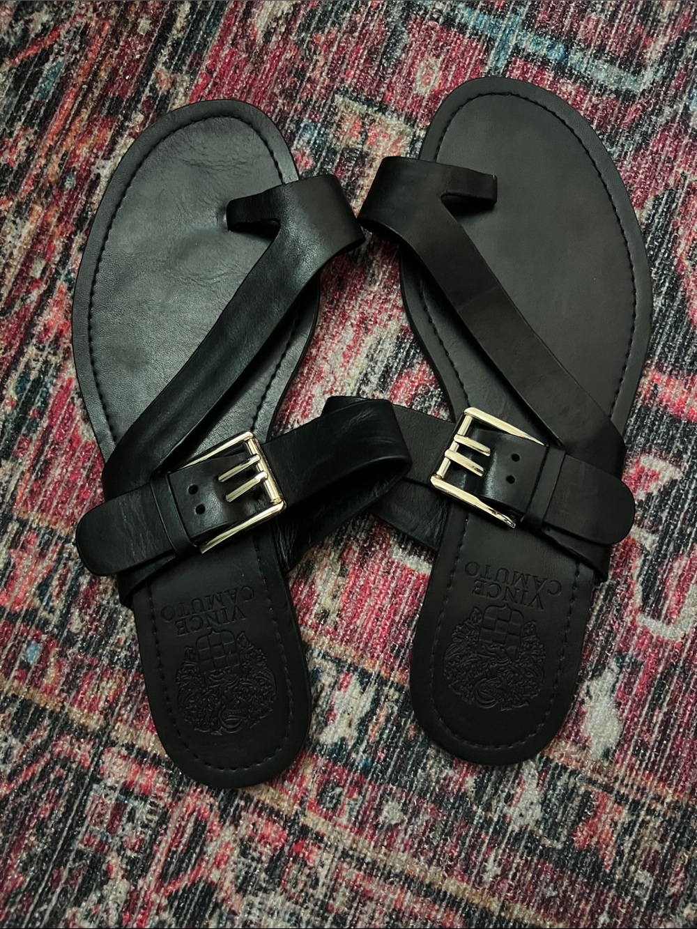 Vince Camuto Black Leather Buckle Toe-Ring Sandals